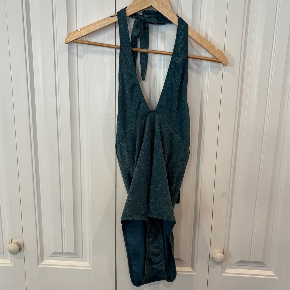 Jones New York Teal Shimmer One Piece Halter SwimsuitSize Large